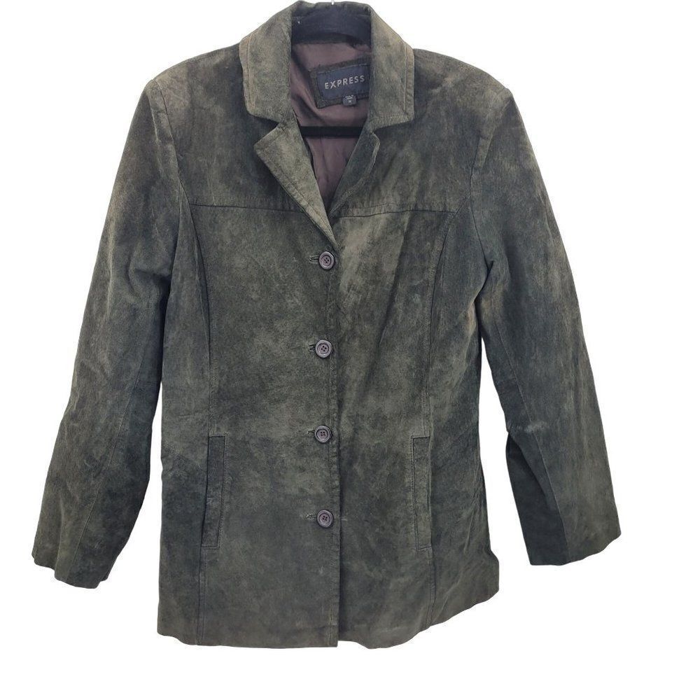 Vintage Express Leather Jacket Shacket M Forest Green Notched Collar Button Down
